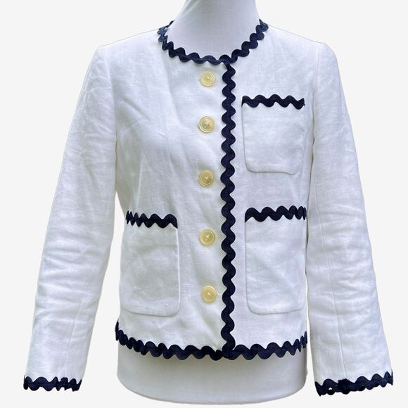 J. Crew White Linen Jacket Navy Rickrack Trim Button Front Blazer Mod Retro 8 - Picture 1 of 10